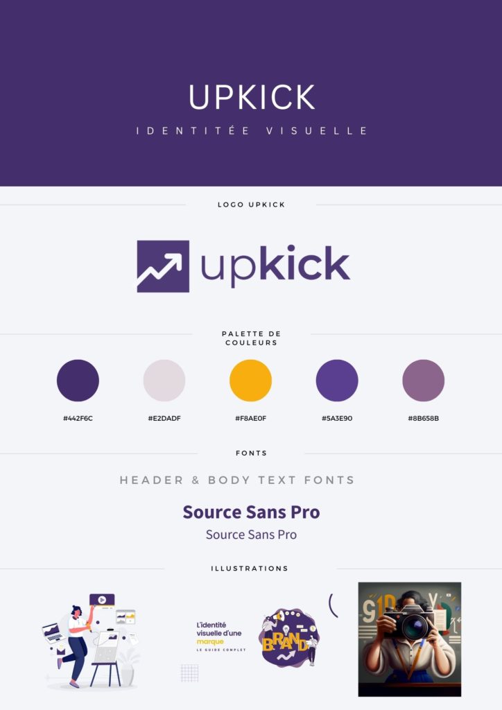 Image montrant les différents éléments de l’identité visuelle du site upkick.fr
