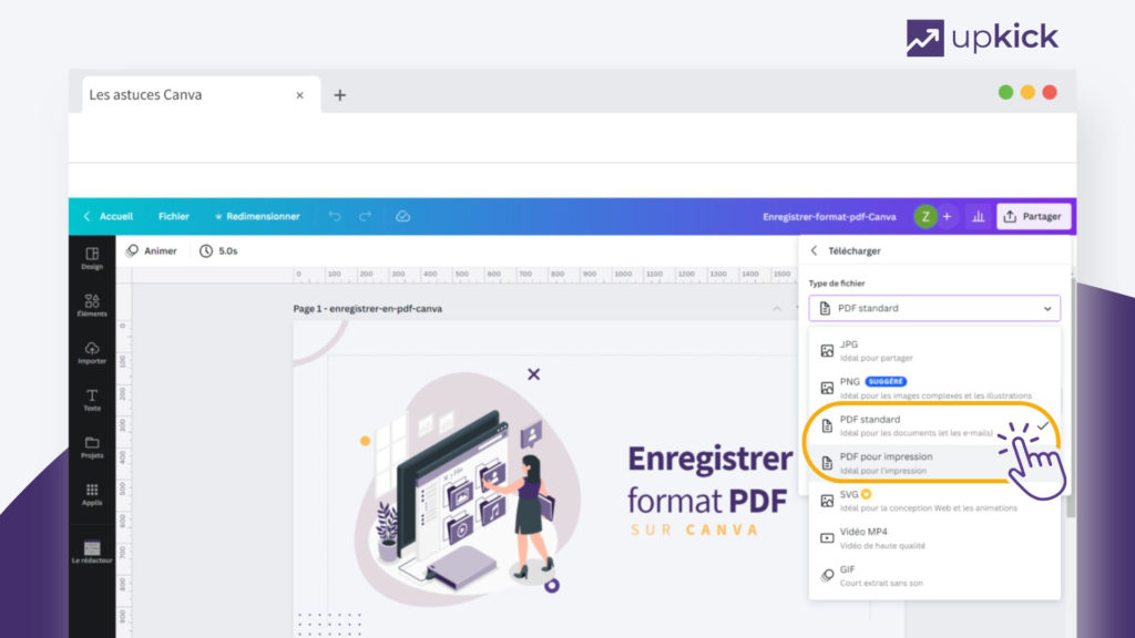 Interface de Canva où l’on voit clairement les options pour enregistrer un fichier en tant que PDF