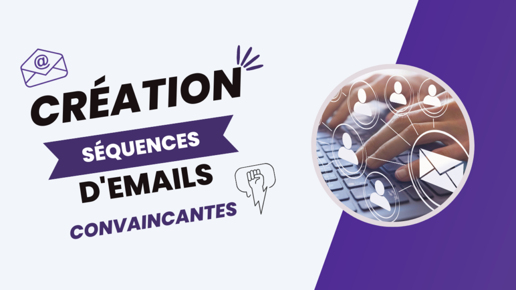 image de mains tapant sur un clavier et d'un email partant vers plusieurs personnes avec un titre et des icônes sur le thème séquence d'emails